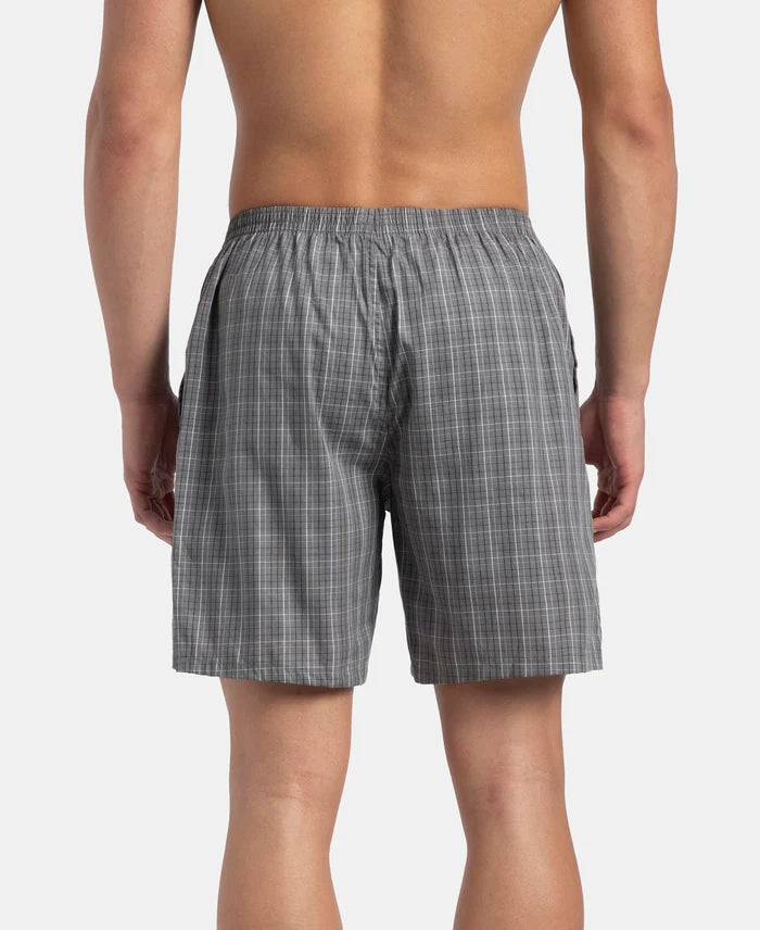 Super Combed Mercerized Cotton Woven Checkered Boxer Shorts with Side Pocket - Grey & Black (Pack of 2)