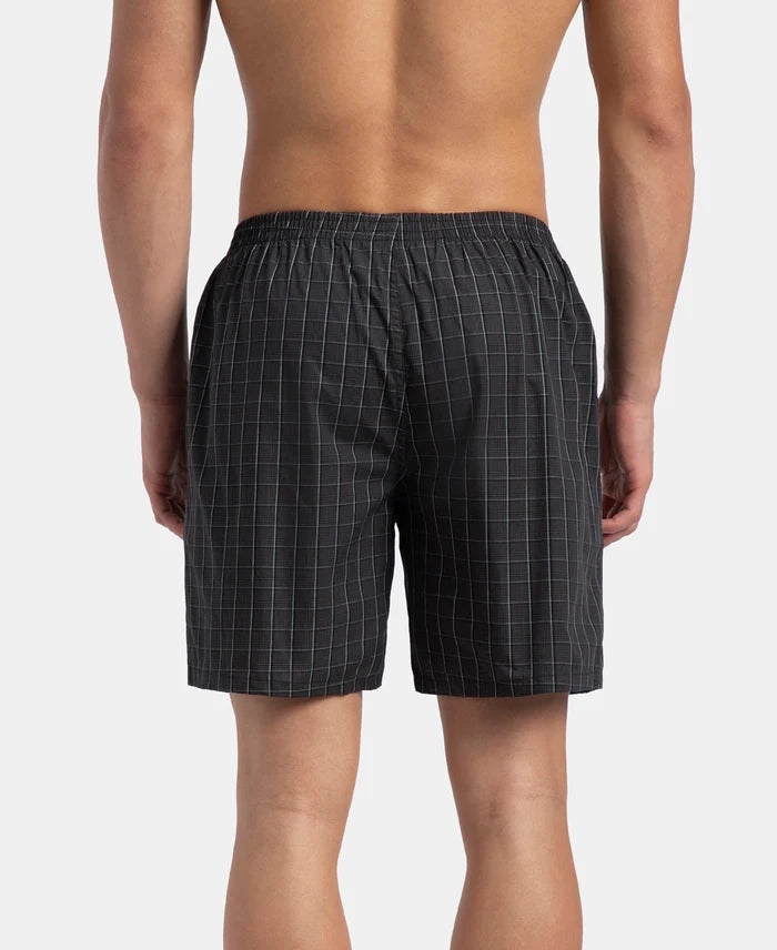 Super Combed Mercerized Cotton Woven Checkered Boxer Shorts with Side Pocket - Grey & Black (Pack of 2)