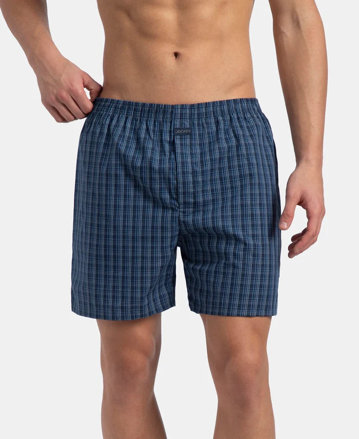 Super Combed Mercerized Cotton Woven Checkered Boxer Shorts with Side Pocket - Navy & Blue Shadow New (Pack of 2)