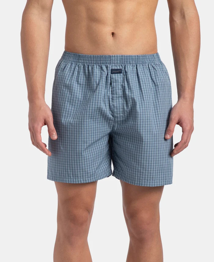 Super Combed Mercerized Cotton Woven Checkered Boxer Shorts with Side Pocket - Navy & Blue Shadow New (Pack of 2)