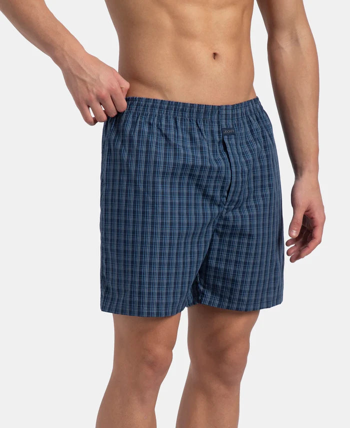Super Combed Mercerized Cotton Woven Checkered Boxer Shorts with Side Pocket - Navy & Blue Shadow New (Pack of 2)