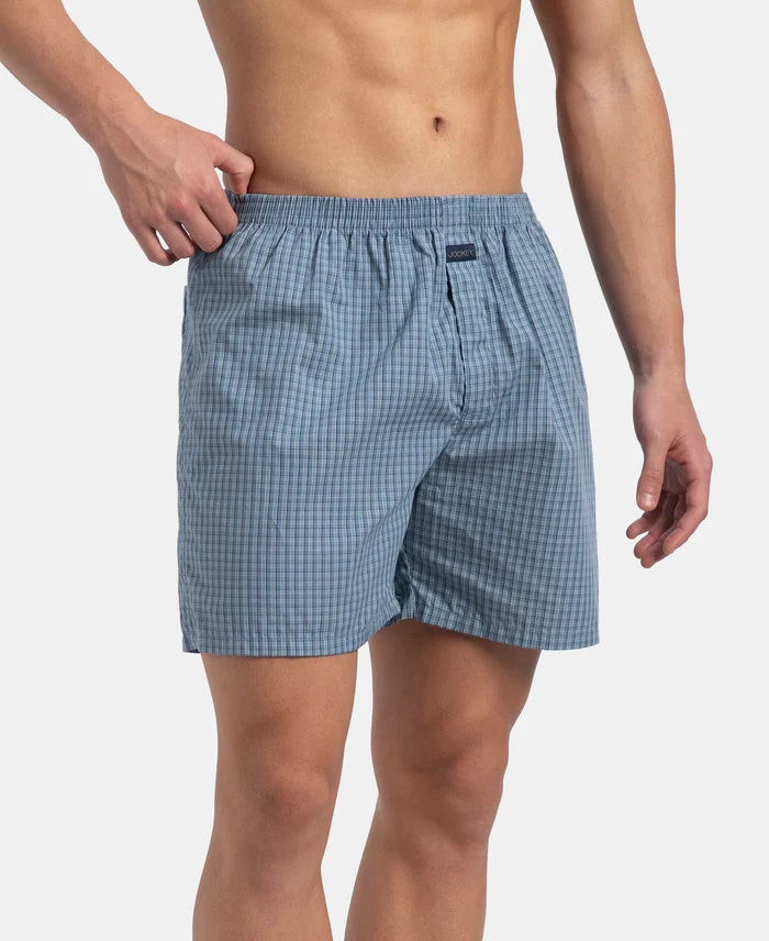 Super Combed Mercerized Cotton Woven Checkered Boxer Shorts with Side Pocket - Navy & Blue Shadow New (Pack of 2)