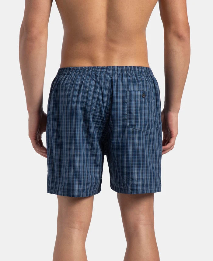 Super Combed Mercerized Cotton Woven Checkered Boxer Shorts with Side Pocket - Navy & Blue Shadow New (Pack of 2)