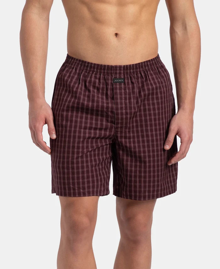 Super Combed Mercerized Cotton Woven Checkered Boxer Shorts with Side Pocket - Tawny Port & Vintage Indigo (Pack of 2)