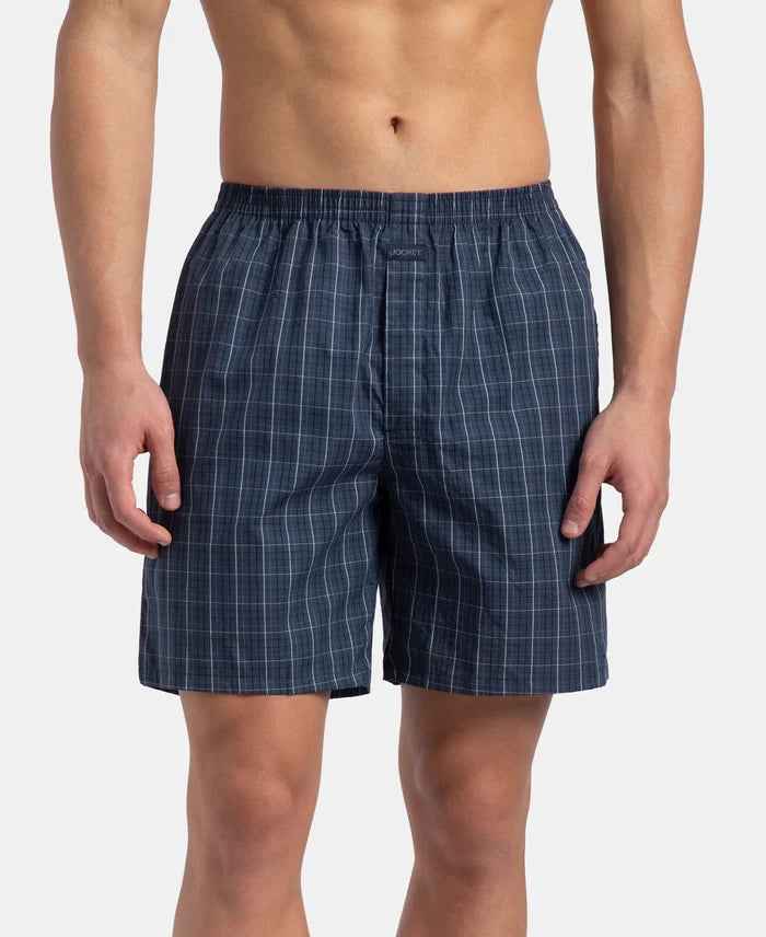 Super Combed Mercerized Cotton Woven Checkered Boxer Shorts with Side Pocket - Tawny Port & Vintage Indigo (Pack of 2)