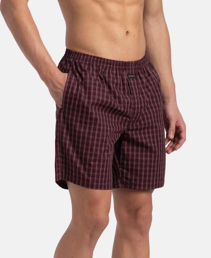 Super Combed Mercerized Cotton Woven Checkered Boxer Shorts with Side Pocket - Tawny Port & Vintage Indigo (Pack of 2)