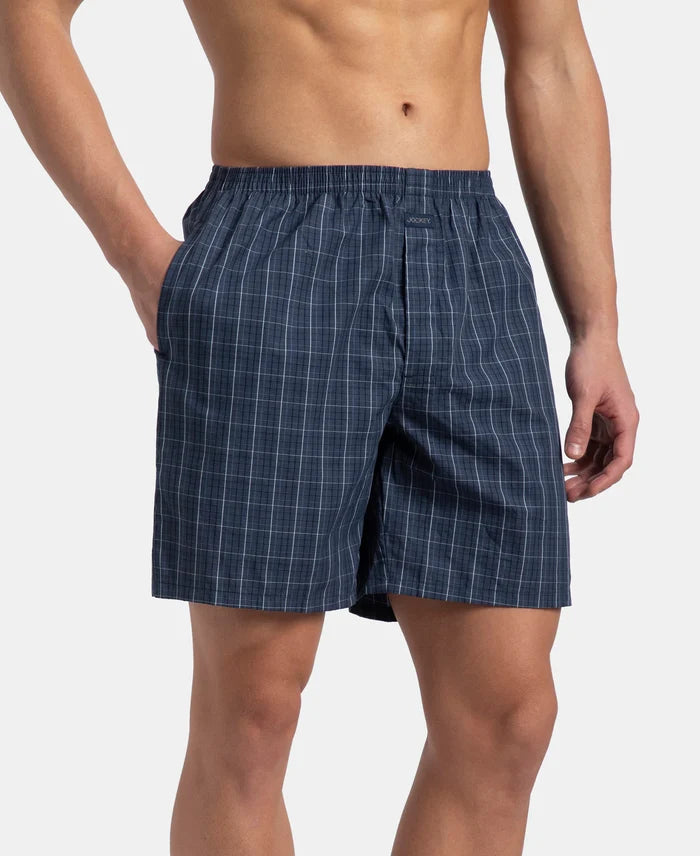 Super Combed Mercerized Cotton Woven Checkered Boxer Shorts with Side Pocket - Tawny Port & Vintage Indigo (Pack of 2)