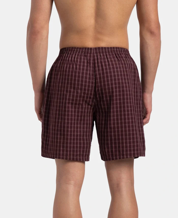 Super Combed Mercerized Cotton Woven Checkered Boxer Shorts with Side Pocket - Tawny Port & Vintage Indigo (Pack of 2)