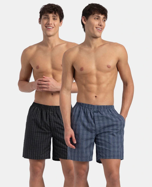 Super Combed Mercerized Cotton Woven Checkered Boxer Shorts with Side Pocket - Vintage Indigo & Black (Pack of 2)