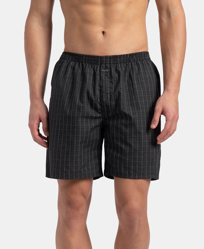 Super Combed Mercerized Cotton Woven Checkered Boxer Shorts with Side Pocket - Vintage Indigo & Black (Pack of 2)