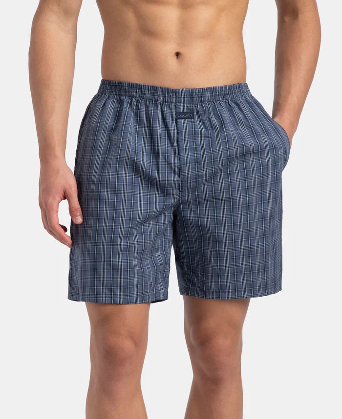 Super Combed Mercerized Cotton Woven Checkered Boxer Shorts with Side Pocket - Vintage Indigo & Black (Pack of 2)