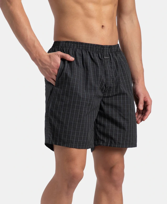 Super Combed Mercerized Cotton Woven Checkered Boxer Shorts with Side Pocket - Vintage Indigo & Black (Pack of 2)
