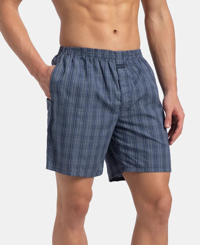 Super Combed Mercerized Cotton Woven Checkered Boxer Shorts with Side Pocket - Vintage Indigo & Black (Pack of 2)