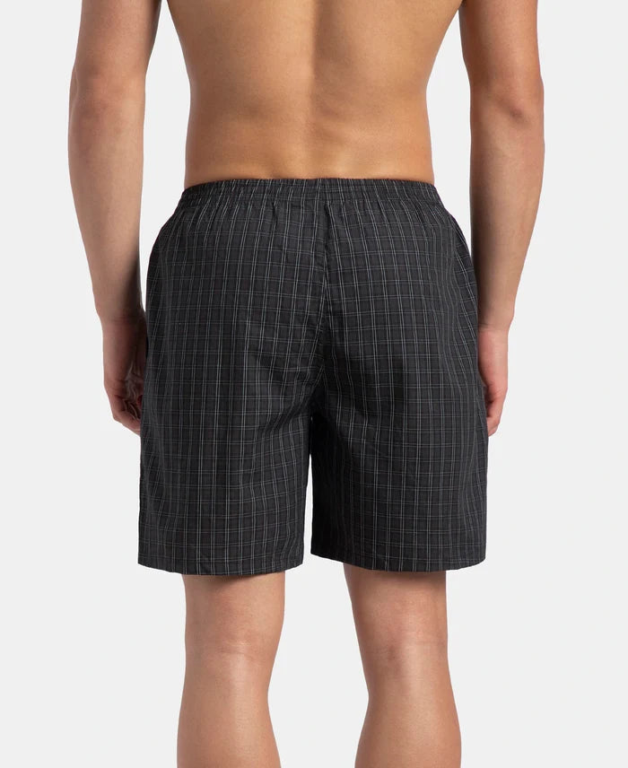 Super Combed Mercerized Cotton Woven Checkered Boxer Shorts with Side Pocket - Vintage Indigo & Black (Pack of 2)