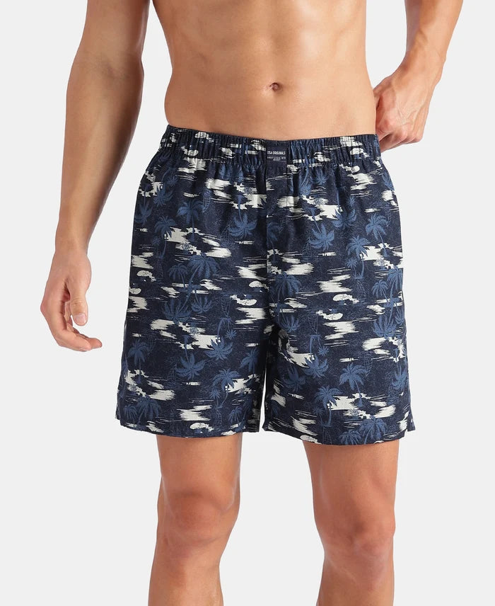 Super Combed Mercerized Cotton Woven Printed Boxer Shorts with Side Pockets - Faded Denim & Navy (Pack of 2)