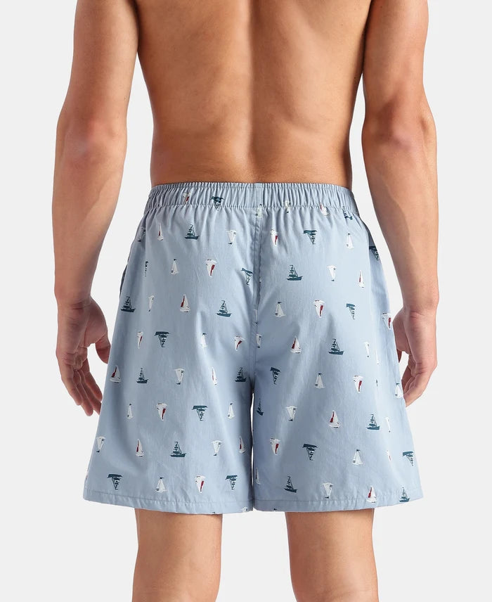 Super Combed Mercerized Cotton Woven Printed Boxer Shorts with Side Pockets - Faded Denim & Navy (Pack of 2)