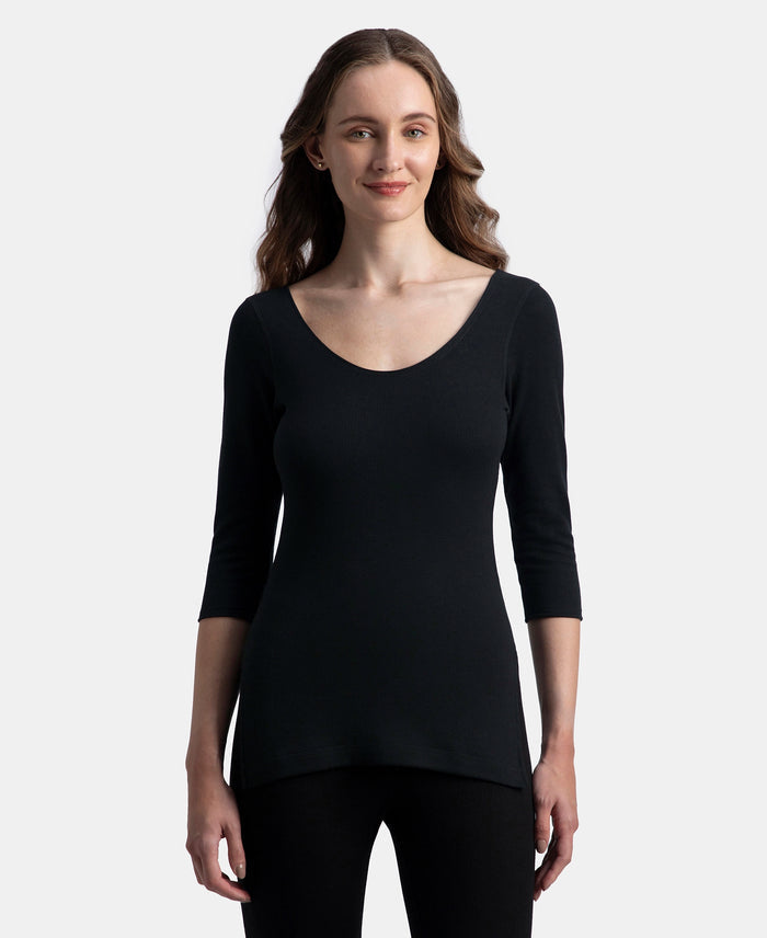 Super Warmth Super Combed Cotton Rich Brushed Three Quarter Sleeve Thermal Top with StayWarm Technology - Black