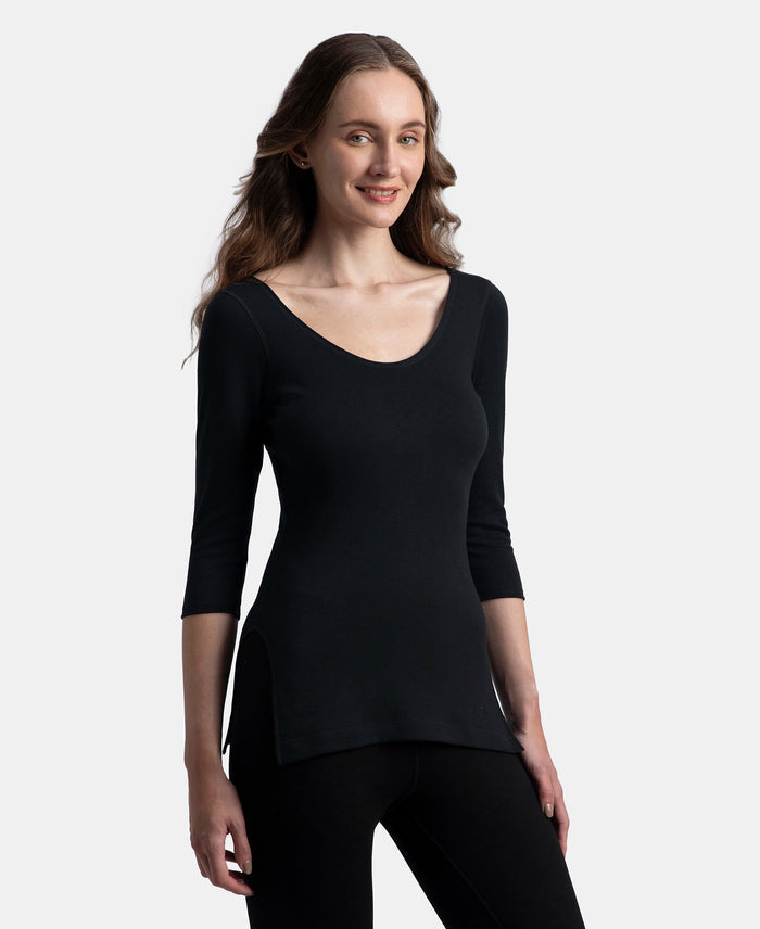 Super Warmth Super Combed Cotton Rich Brushed Three Quarter Sleeve Thermal Top with StayWarm Technology - Black