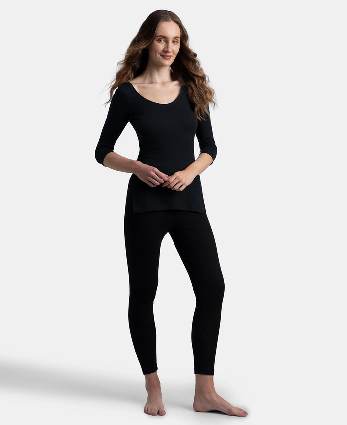 Super Warmth Super Combed Cotton Rich Brushed Three Quarter Sleeve Thermal Top with StayWarm Technology - Black