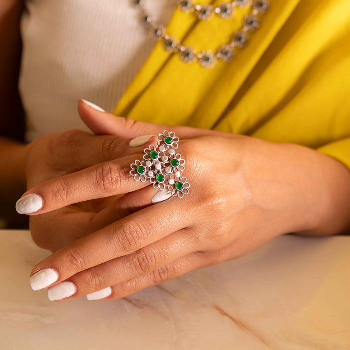 Tattva Carved flower statement green ring