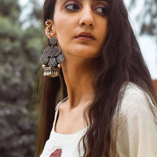 Tattva Intricate Layered Earchain Square Jhumka