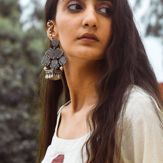 Tattva Intricate Layered Earchain Square Jhumka