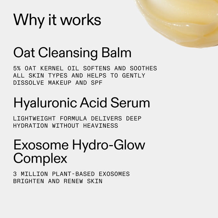 Skincare product description with text about Oat Cleansing Balm, Hyaluronic Acid Serum, and Exosome Hydro-Glow Complex.
