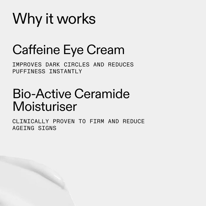 Text describing the benefits of caffeine eye cream and bio-active ceramide moisturizer on a white background.
