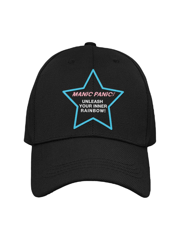 Black Manic Panic Pride hat featuring a blue embroidered star with the text “Unleash Your Inner Rainbow.”