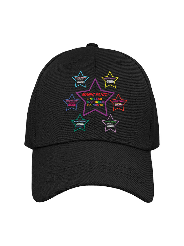 Black Manic Panic Pride hat featuring seven colorful embroidered stars in a full rainbow design with the text “Unleash Your Inner Rainbow.”