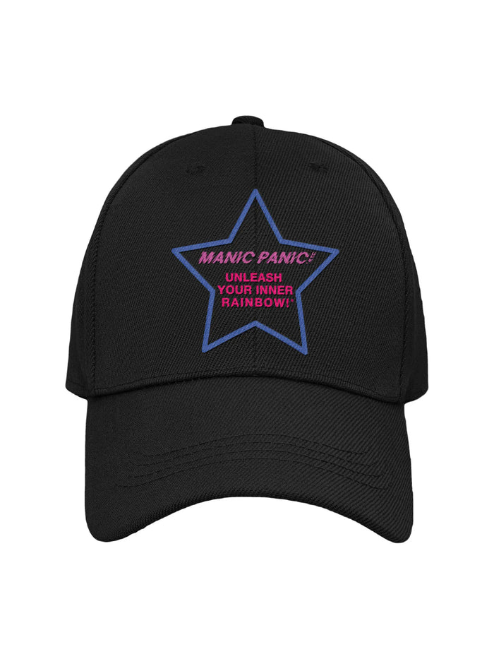 Black Manic Panic Pride hat featuring an blue-violet star with the text “Unleash Your Inner Rainbow.”