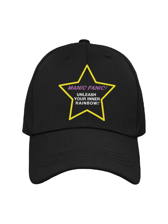 Black Manic Panic Pride hat featuring a yellow embroidered star with the text “Unleash Your Inner Rainbow.”