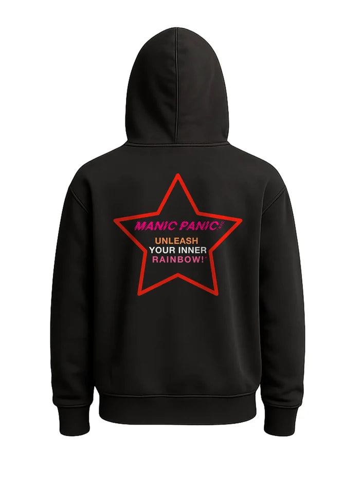 Black Manic Panic Pride zip-up hoodie featuring a red star with the text “Unleash Your Inner Rainbow.”
