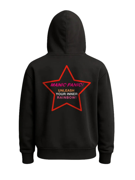 Black Manic Panic Pride zip-up hoodie featuring a red star with the text “Unleash Your Inner Rainbow.”