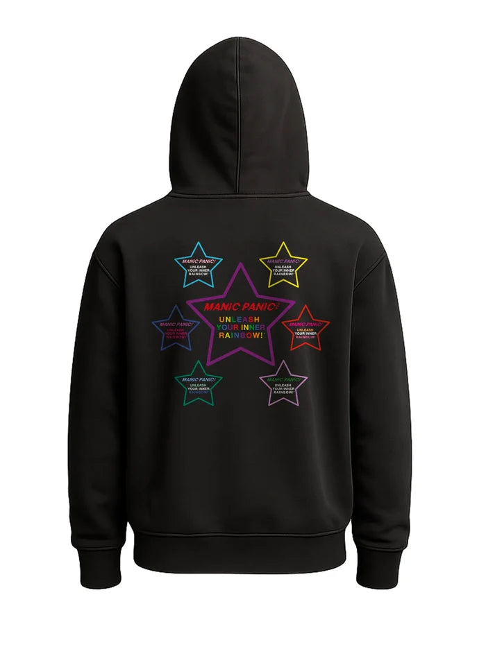Black Manic Panic Pride zip-up hoodie featuring seven colorful stars in a full rainbow design with the text “Unleash Your Inner Rainbow.”
