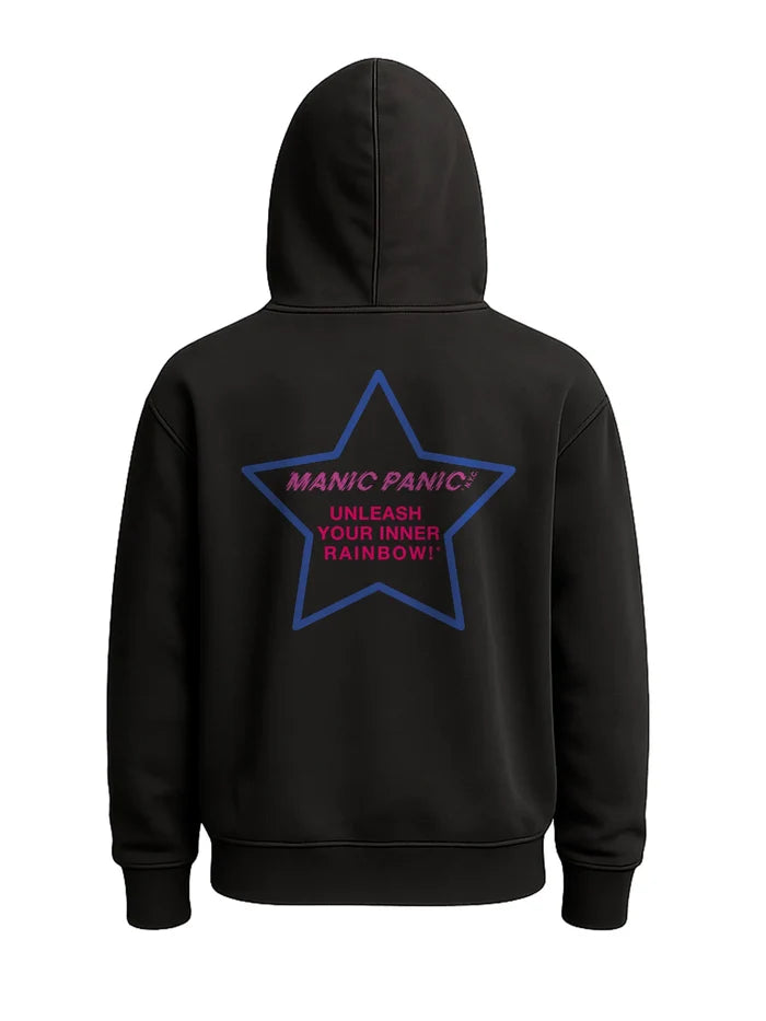 Black Manic Panic Pride zip-up hoodie featuring an indigo star with the text “Unleash Your Inner Rainbow.”