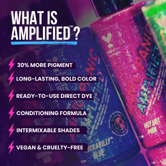 Colorful hair dye bottles with text highlighting features of 'Amplified' product.