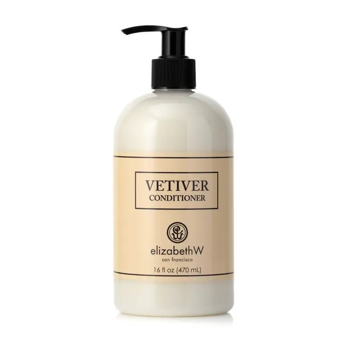 A beige 16 fl oz (470 ml) bottle of E Wightman & Co VETIVER CONDITIONER with a black pump, featuring a plant-based formula and a minimalist white label with black text and logo.
