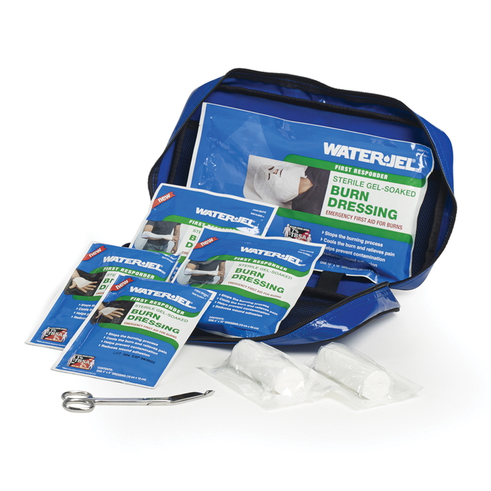 Water-Jel Burn Kit, open case with dressings, gauze and scissors
