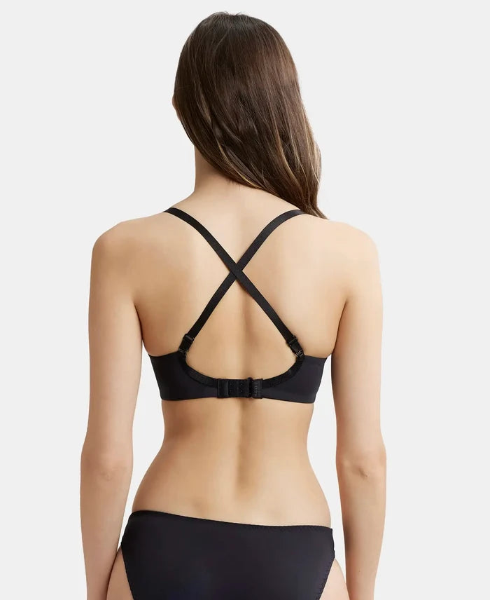Wirefree Padded Soft Touch Microfiber Elastane Full Coverage T-Shirt Bra with Lace Styling - Black-3