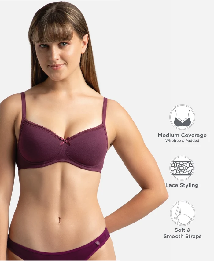 Wirefree Padded Super Combed Cotton Elastane Stretch Medium Coverage T-Shirt Bra with Lace Styling - Prune