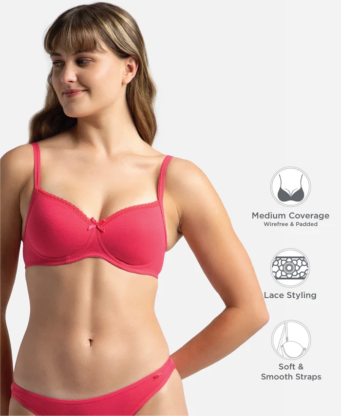 Wirefree Padded Super Combed Cotton Elastane Stretch Medium Coverage T-Shirt Bra with Lace Styling - Ruby
