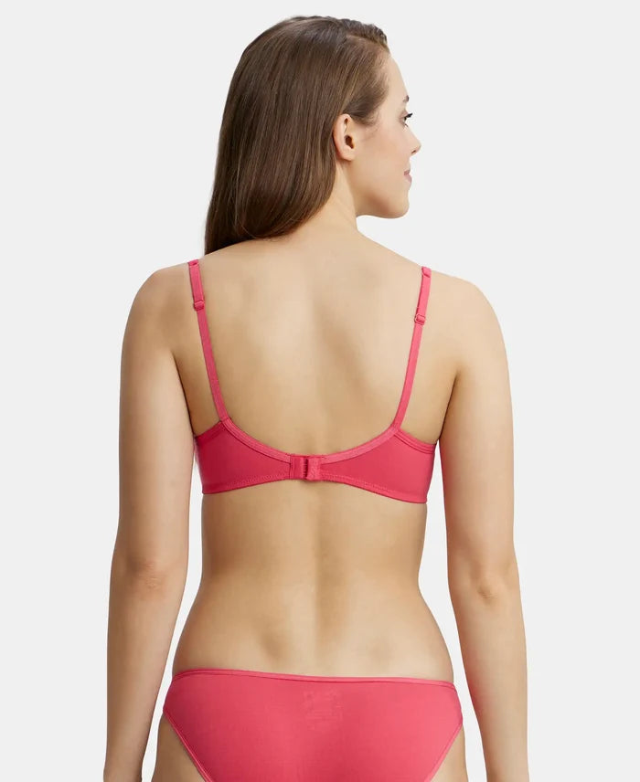 Wirefree Padded Super Combed Cotton Elastane Medium Coverage T-Shirt Bra with Lace Styling - Ruby-3