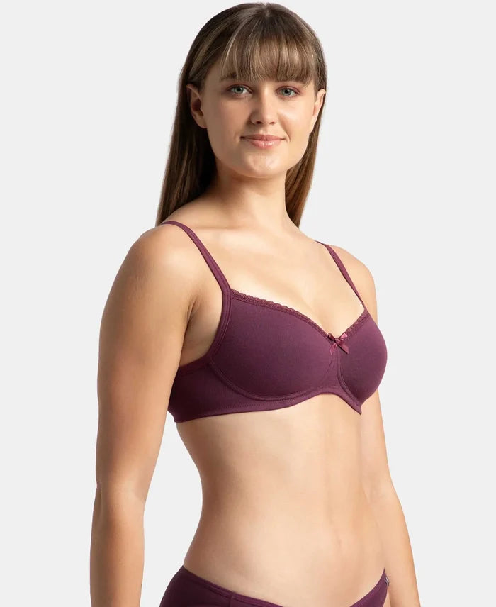 Wirefree Padded Super Combed Cotton Elastane Stretch Medium Coverage T-Shirt Bra with Lace Styling - Prune