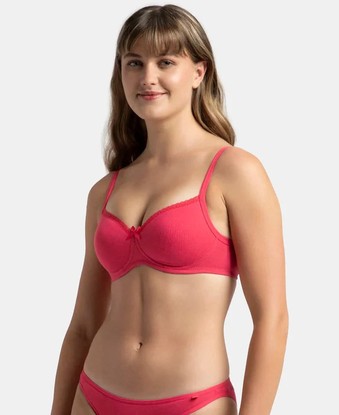 Wirefree Padded Super Combed Cotton Elastane Stretch Medium Coverage T-Shirt Bra with Lace Styling - Ruby