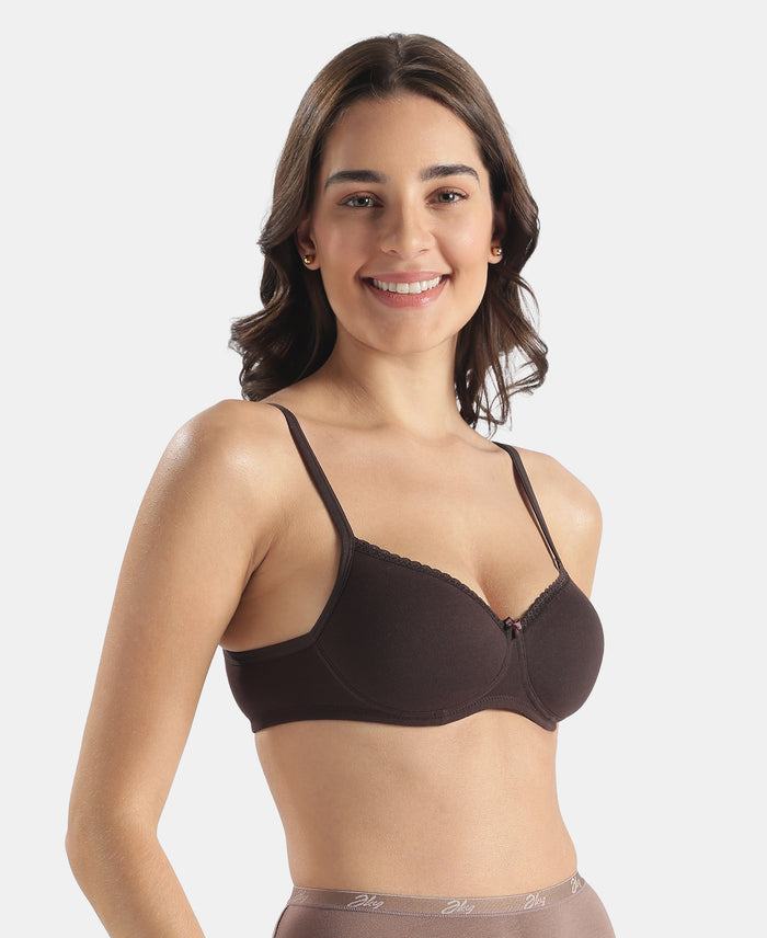 Wirefree Padded Super Combed Cotton Elastane Stretch Medium Coverage Tshirt Bra with Lace Styling - Coffee
